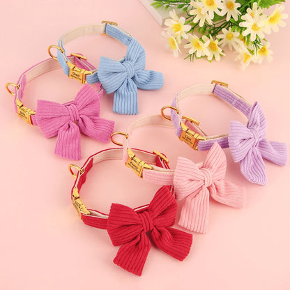 Vue d’ensemble de colliers élégants pour chien avec plaque gravée et nœud papillon sur fond rose