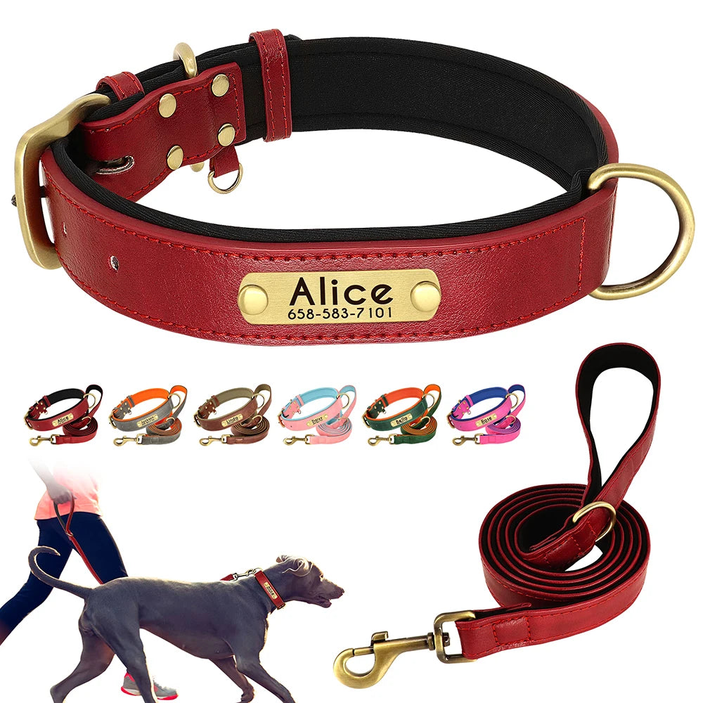 Vue produit d’un collier et d’une laisse pour chien en cuir PU rouge personnalisés avec toutes les autres variantes de coloris disponibles présentées en bas de l'image.