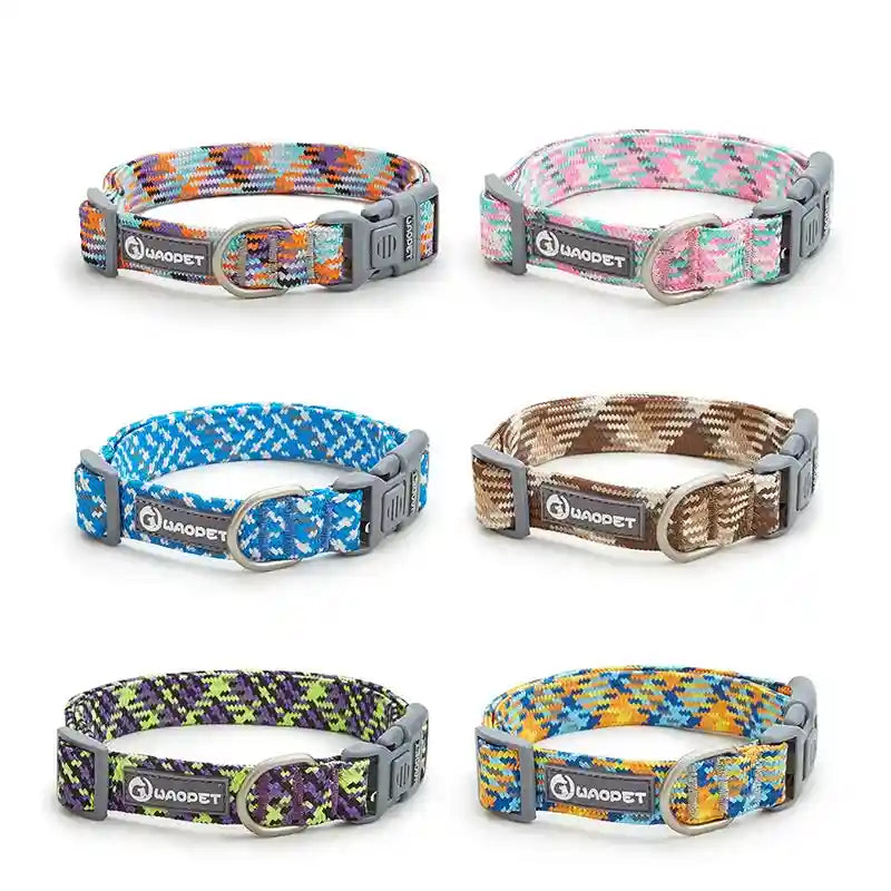 Gamme de six colliers pour chien en nylon tressé présentée en différents coloris sur fond blanc.