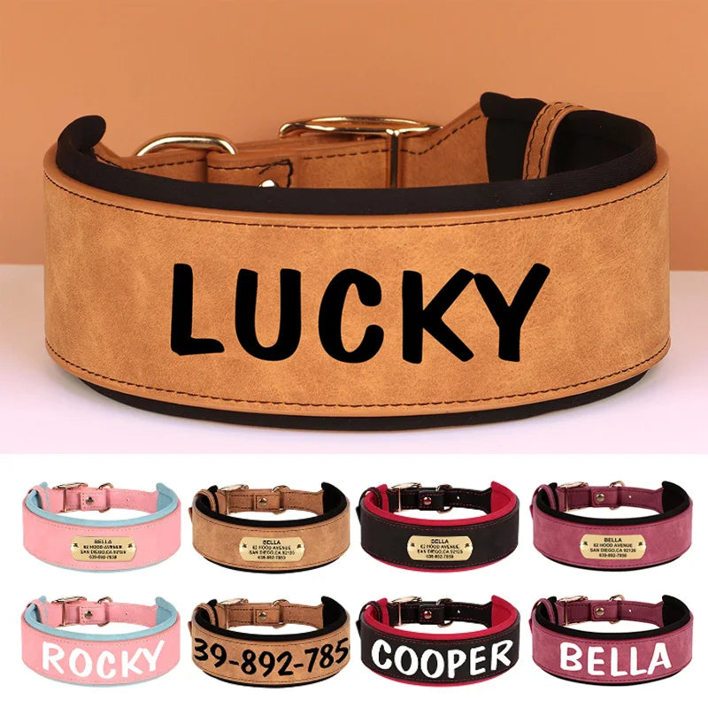 Grand collier personnalisé pour chien avec le nom Lucky et plusieurs variantes de couleurs en bas de l’image.