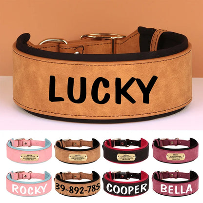 Grand collier personnalisé pour chien avec le nom Lucky et plusieurs variantes de couleurs en bas de l’image.