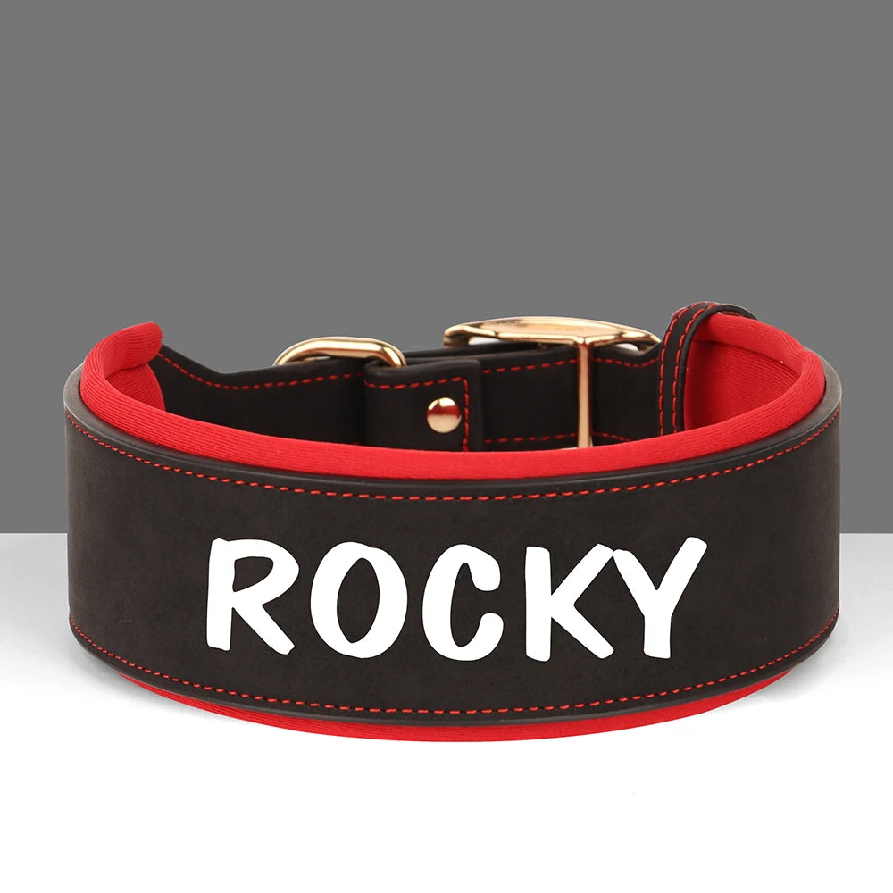 Large collier noir et rouge pour chien avec le nom Rocky en blanc.
