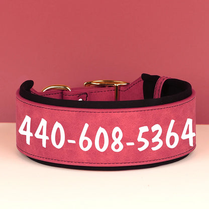 Large collier rose pour chien avec numéro personnalisé en lettres blanches.