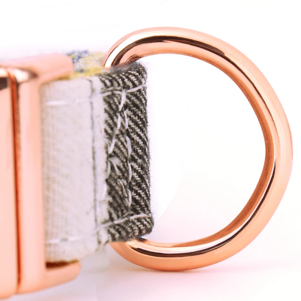 Image rapprochée de l’anneau métallique d’un collier pour chien avec motif à carreaux.