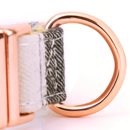 Image rapprochée de l’anneau métallique d’un collier pour chien avec motif à carreaux.
