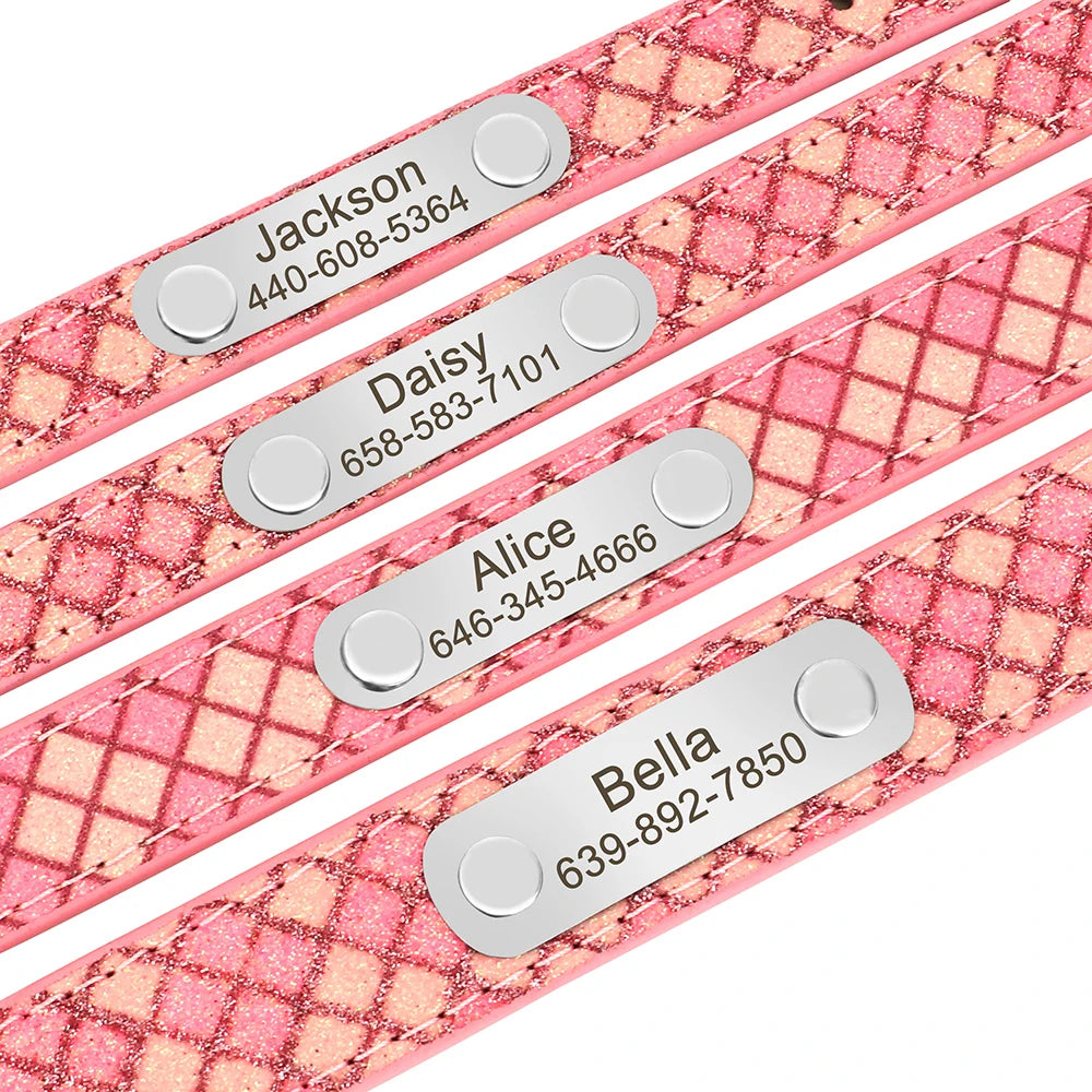 Gros plan sur les plaques gravées de plusieurs colliers roses pour chiot.
