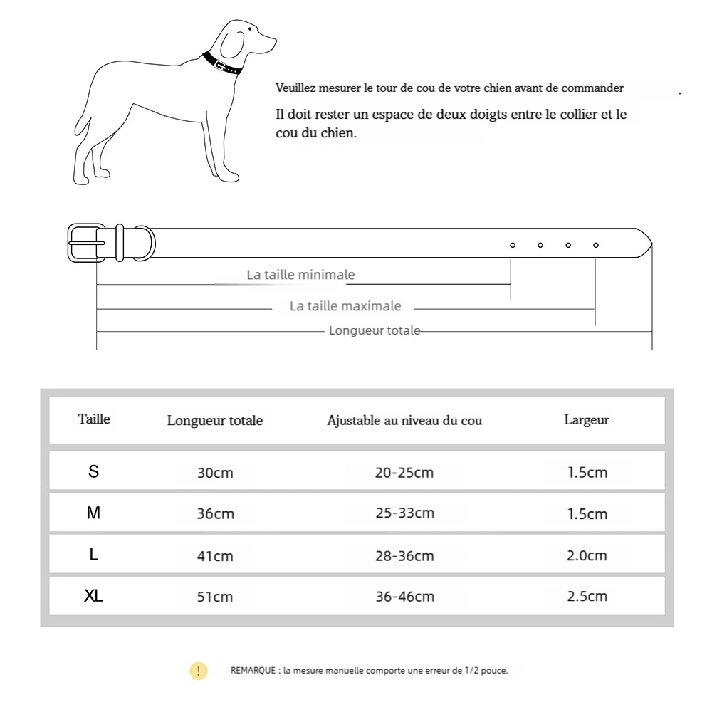 Guide des tailles d’un collier pour chiot en simili cuir personnalisable et motif à carreaux pailletés avec schéma et tableau de mesures en cm.