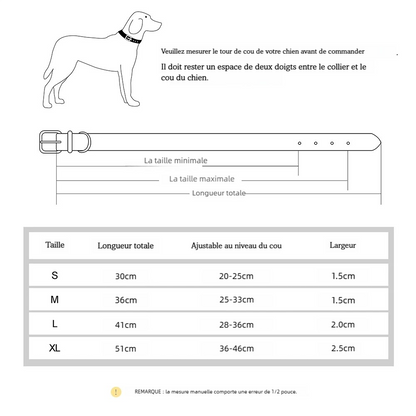 Guide des tailles d’un collier pour chiot en simili cuir personnalisable et motif à carreaux pailletés avec schéma et tableau de mesures en cm.