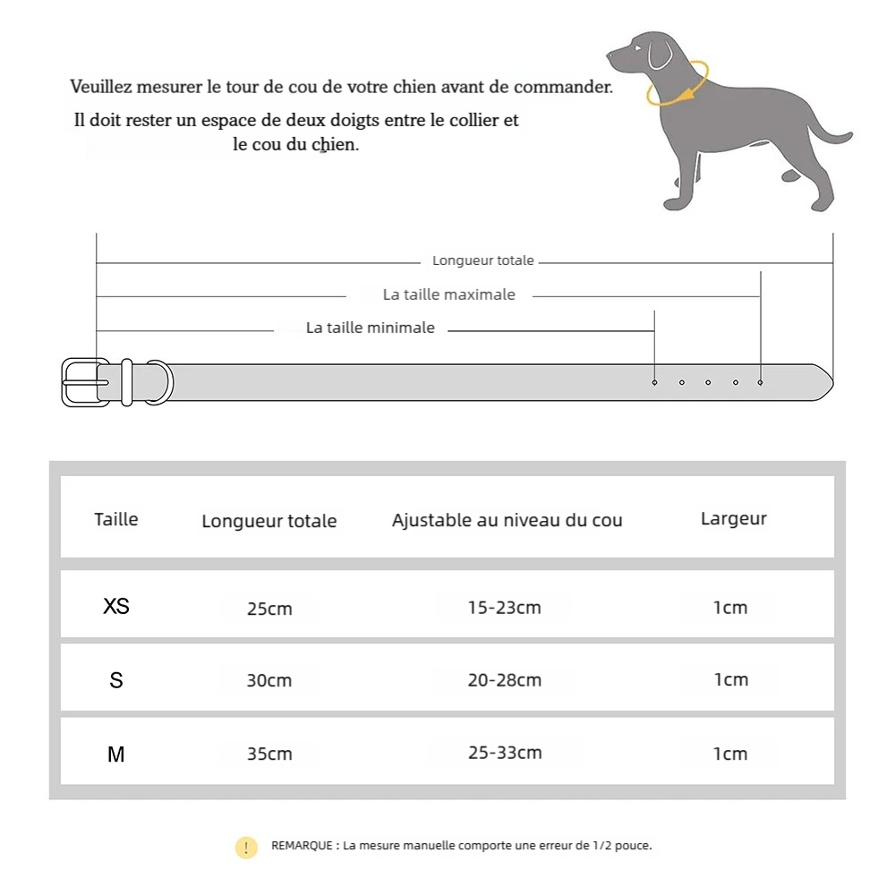 Tableau des dimensions d’un collier personnalisable pour chiot avec tailles XS à M.