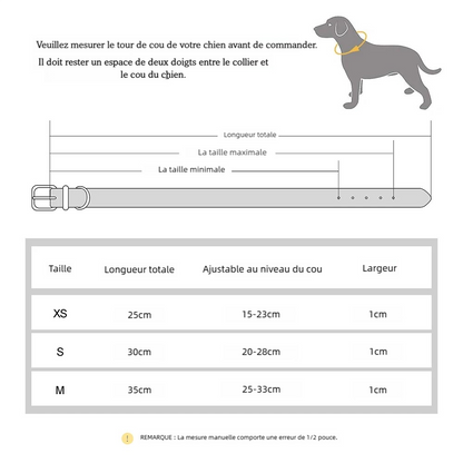 Tableau des dimensions d’un collier personnalisable pour chiot avec tailles XS à M.