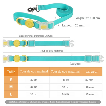 Guide des tailles pour ensemble collier et laisse pour chien pastel.