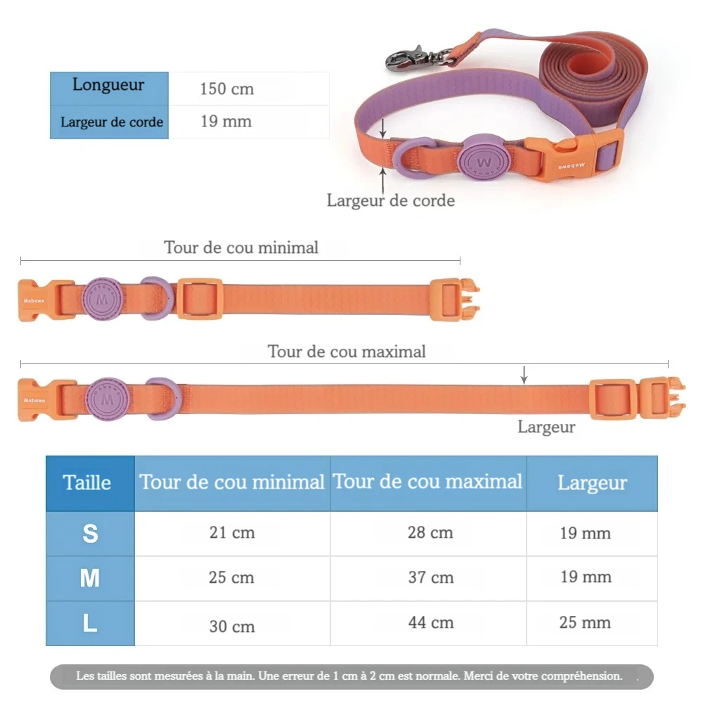 Guide des tailles pour ensemble collier et laisse coloré pour chien.