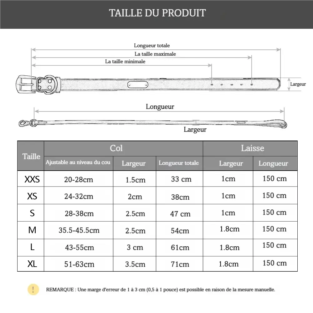 Guide des tailles pour ensemble collier et laisse pour chien en cuir.