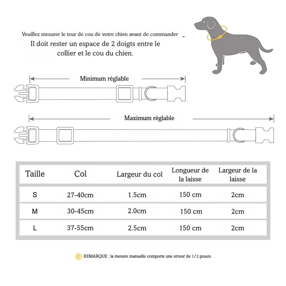 Guide des tailles pour ensemble collier et laisse pour chien en nylon et cuir.