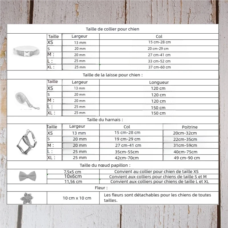 Guide des tailles pour collier en tissu bouclette, laisse harnais et nœud pour chien.
