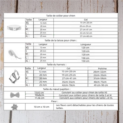 Guide des tailles pour collier en tissu bouclette, laisse harnais et nœud pour chien.
