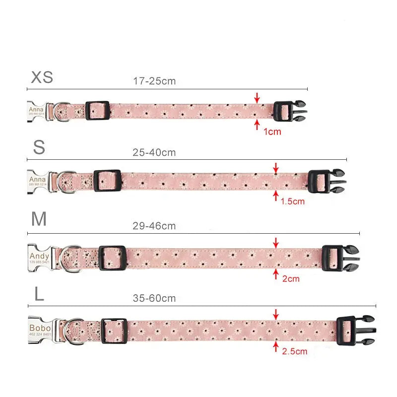 Guide des tailles allant de XS à L du collier en nylon imprimé fleuri rose avec les longueurs et largeurs des différentes tailles de colliers.