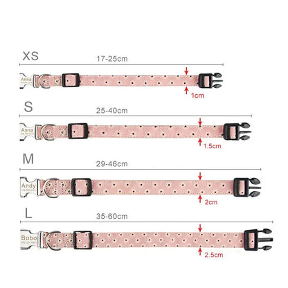 Guide des tailles allant de XS à L du collier en nylon imprimé fleuri rose avec les longueurs et largeurs des différentes tailles de colliers.