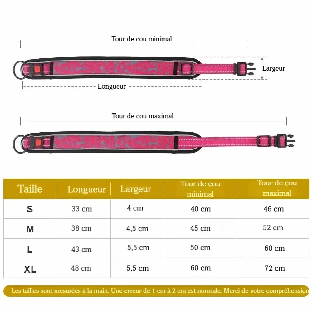 Guide complet des dimensions du collier avec schémas montrant longueur, largeur et tour de cou minimum et maximum.
