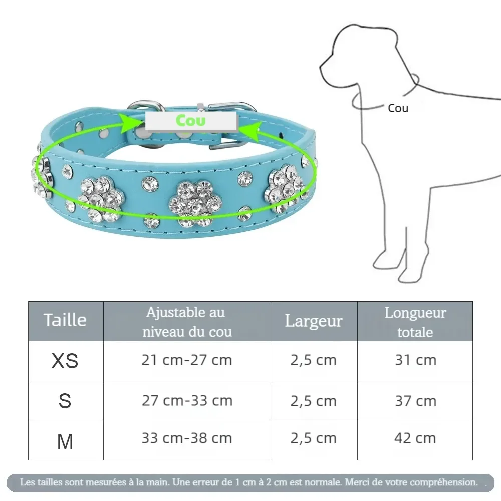 Guide de taille du collier de luxe pour chien avec tour de cou ajustable en XS, S et M.