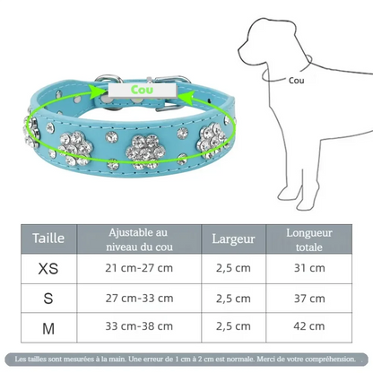 Guide de taille du collier de luxe pour chien avec tour de cou ajustable en XS, S et M.