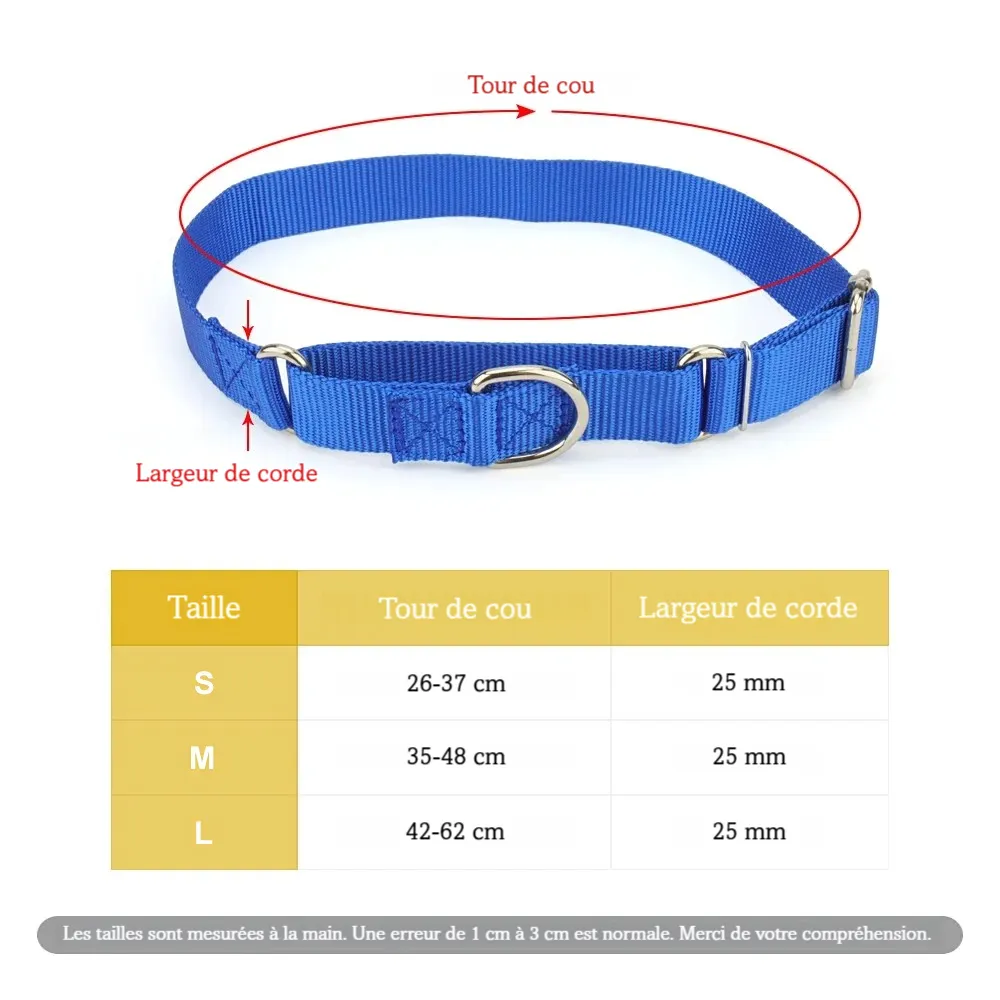 Guide de taille d’un collier martingale bleu pour chien avec mesures de tour de cou et largeur.