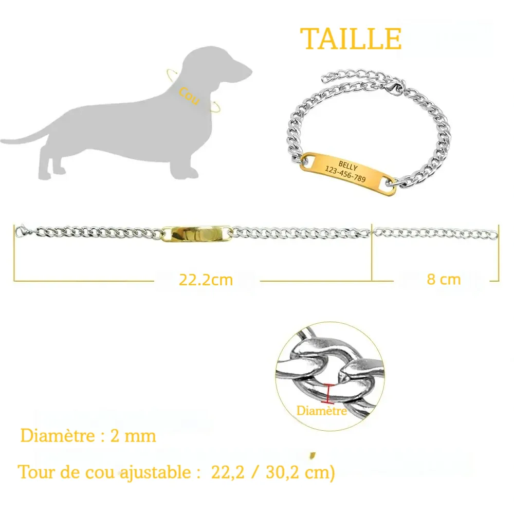 Guide de taille du collier personnalisé pour petit chien avec dimensions et tour de cou réglable.