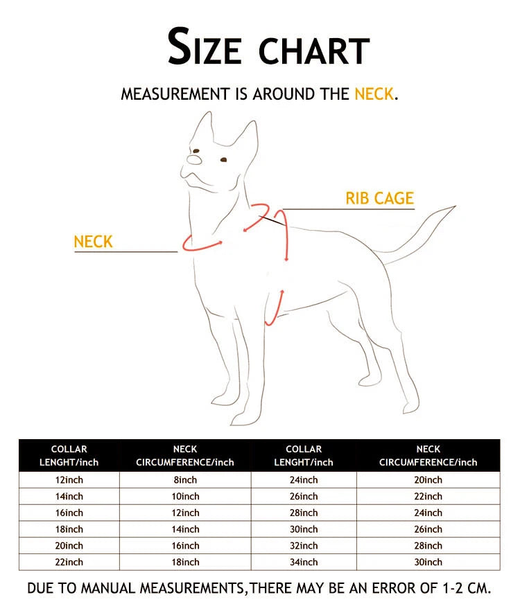 Guide des tailles du collier chaîne pour chien avec équivalences en centimètres : longueurs de 30,5 à 86,4 cm et tours de cou de 20,3 à 76,2 cm.