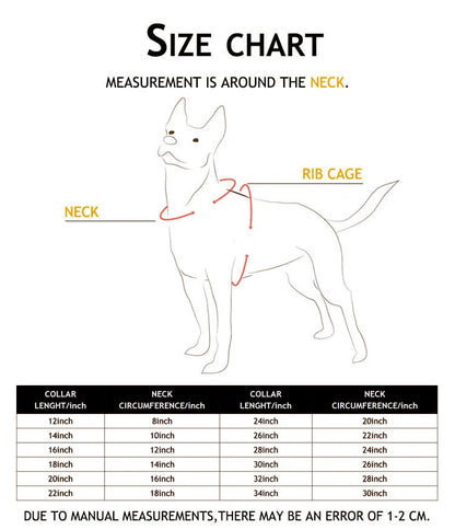 Guide des tailles du collier chaîne pour chien avec équivalences en centimètres : longueurs de 30,5 à 86,4 cm et tours de cou de 20,3 à 76,2 cm.