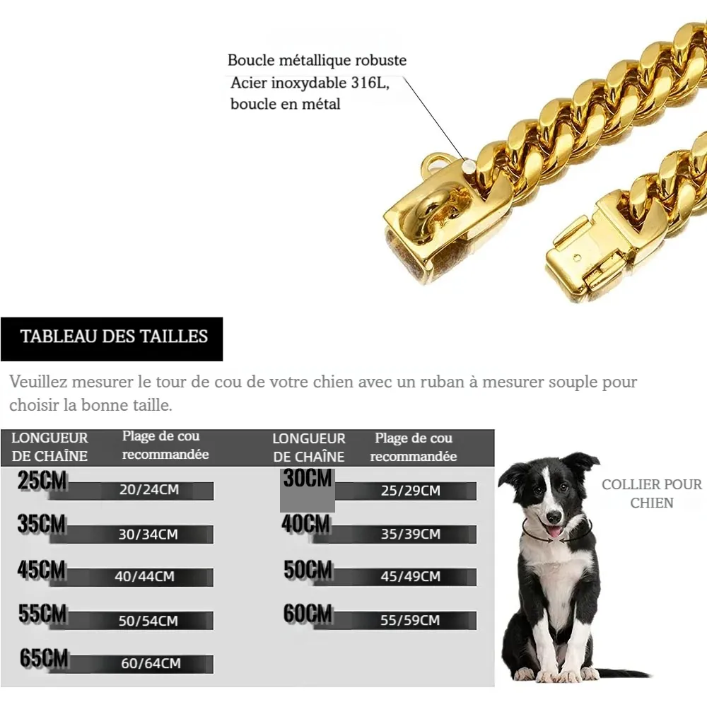 Guide des tailles du collier chaîne pour chien avec tableau de longueurs recommandées.