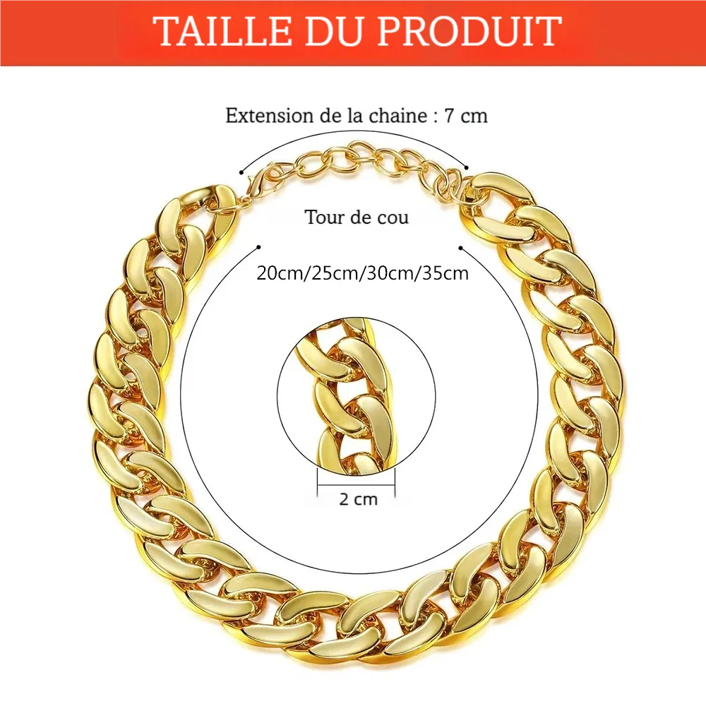 Guide de taille du collier chaîne pour chien avec longueurs, largeur et chaînette d’extension.