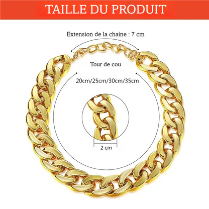 Guide de taille du collier chaîne pour chien avec longueurs, largeur et chaînette d’extension.