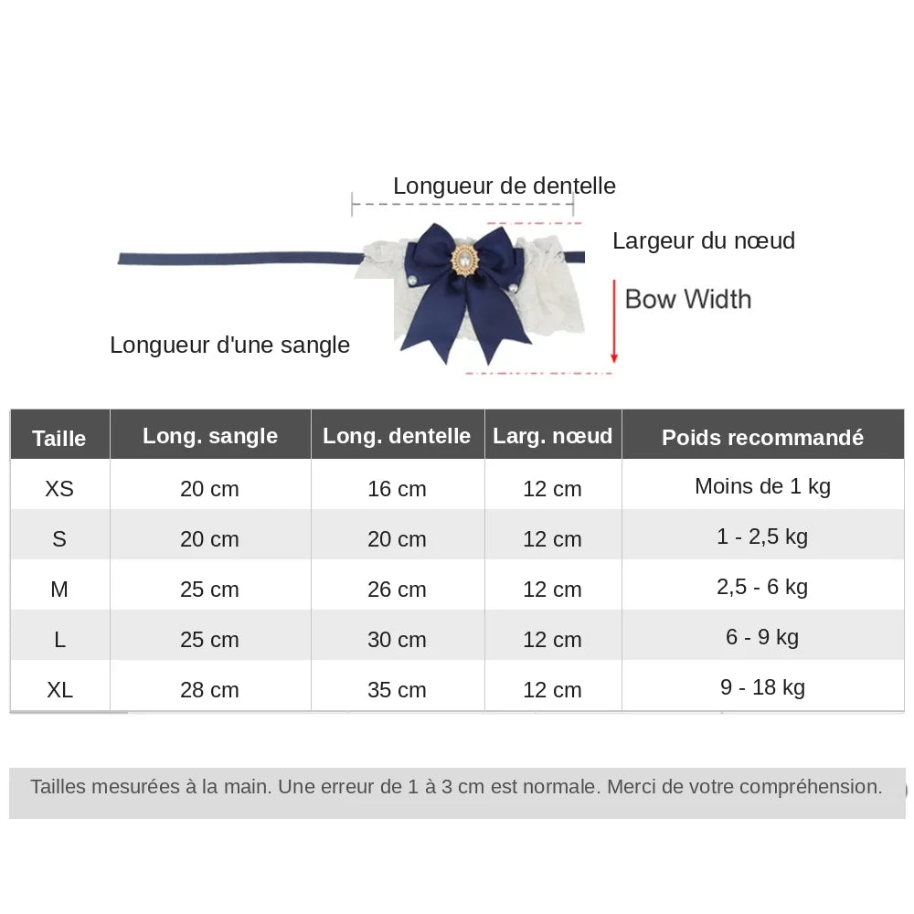 Guide des tailles d’un collier chic pour chien avec dentelle blanche et nœud décoratif.