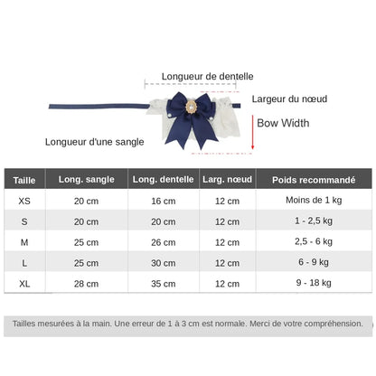 Guide des tailles d’un collier chic pour chien avec dentelle blanche et nœud décoratif.