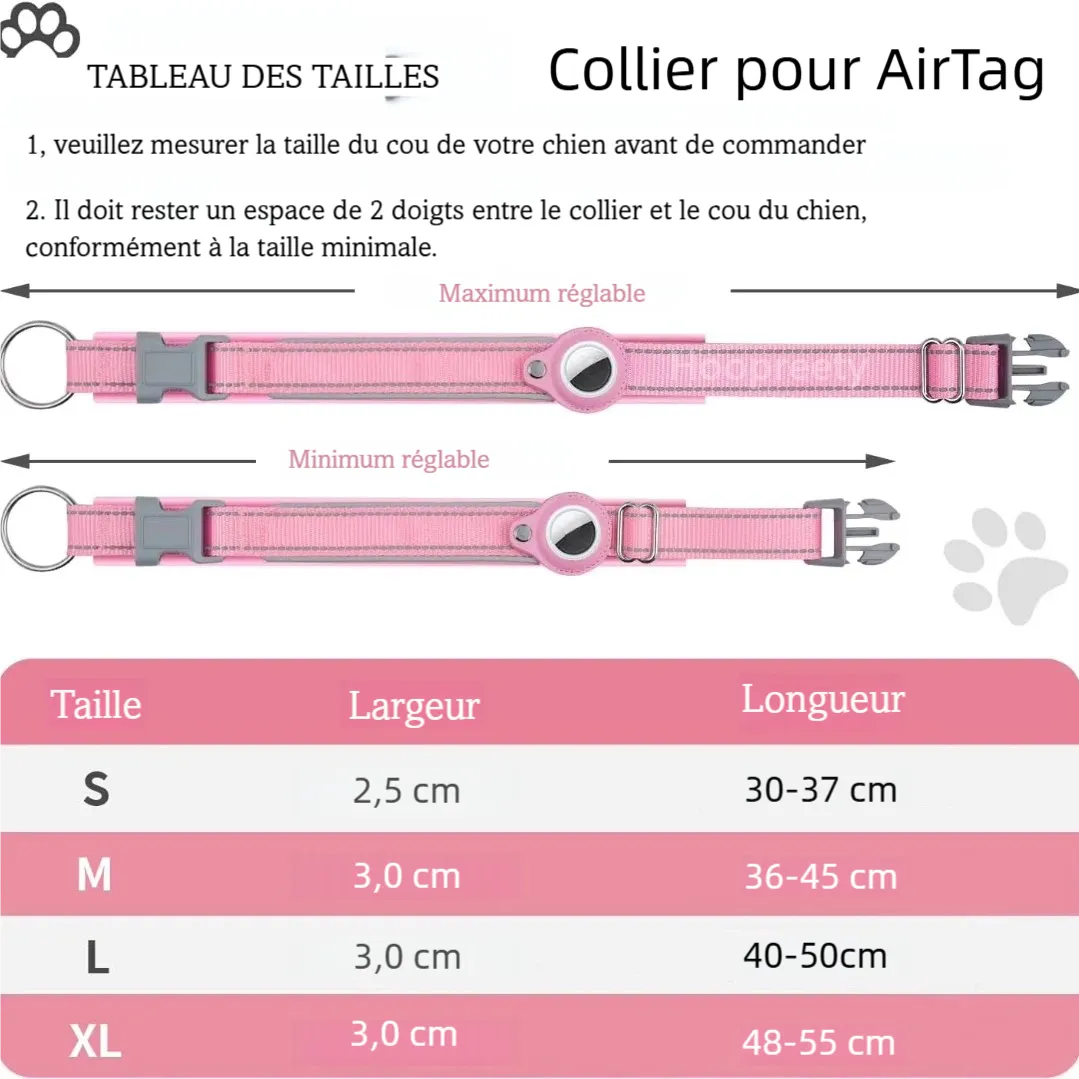 Tableau des tailles du collier pour chien compatible AirTag avec longueurs ajustables.