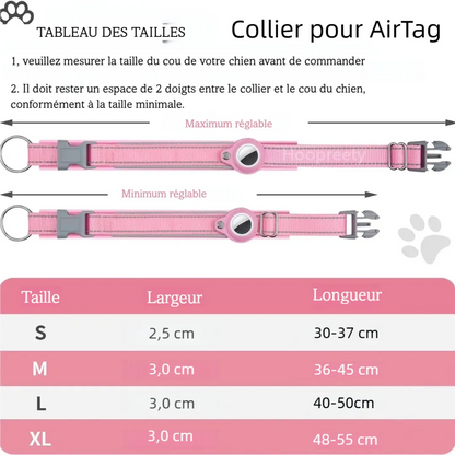 Tableau des tailles du collier pour chien compatible AirTag avec longueurs ajustables.