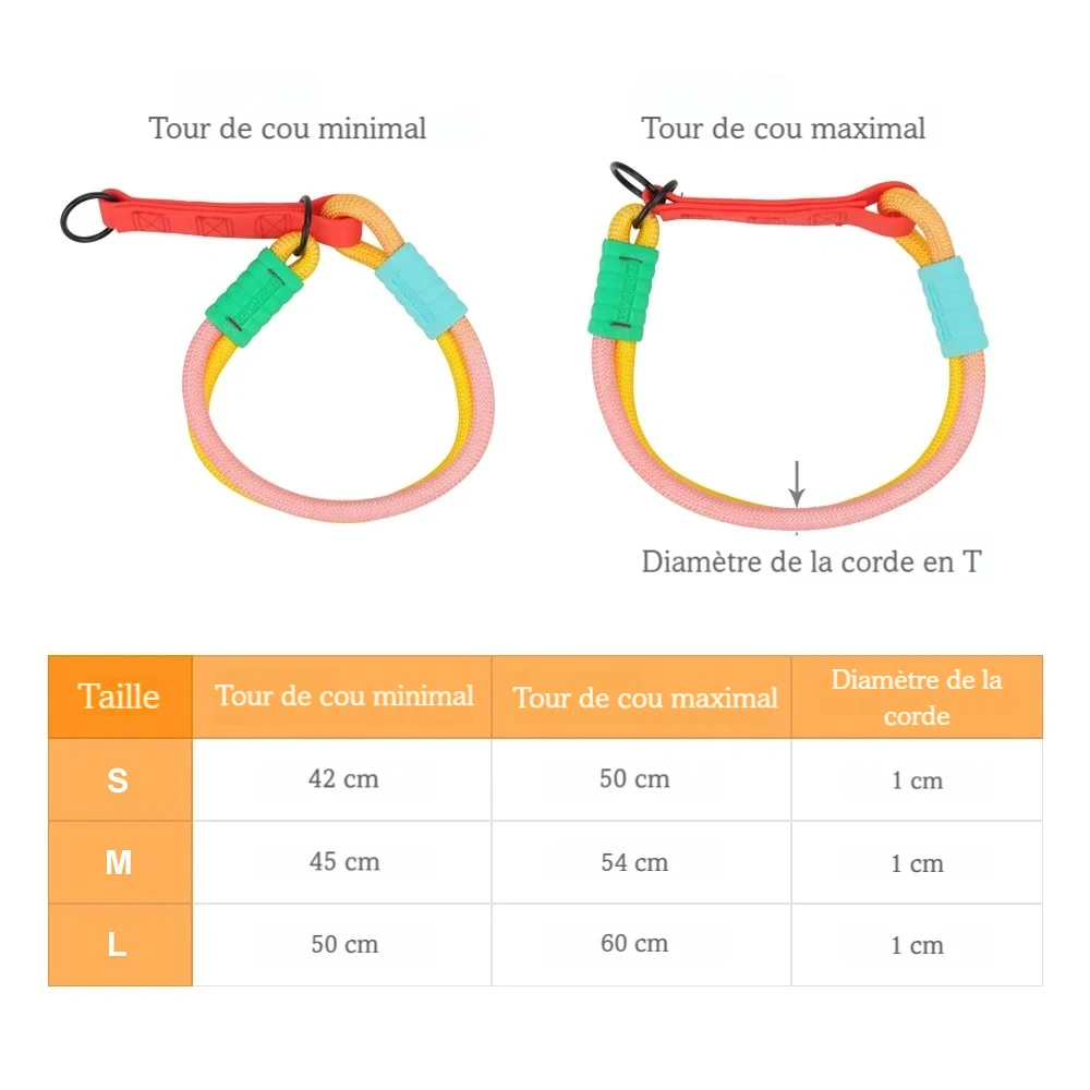 Tableau des dimensions présentant le tour de cou minimum, maximum et le diamètre de corde pour chaque taille.