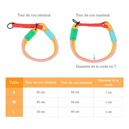 Tableau des dimensions présentant le tour de cou minimum, maximum et le diamètre de corde pour chaque taille.