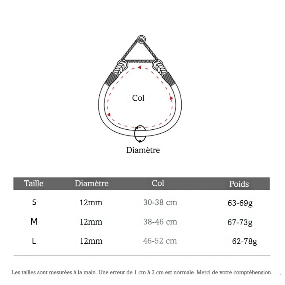 Tableau des tailles du collier pour chien en corde tressée avec diamètre 12 mm et tour de cou de 30 à 52 cm.