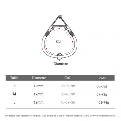 Tableau des tailles du collier pour chien en corde tressée avec diamètre 12 mm et tour de cou de 30 à 52 cm.