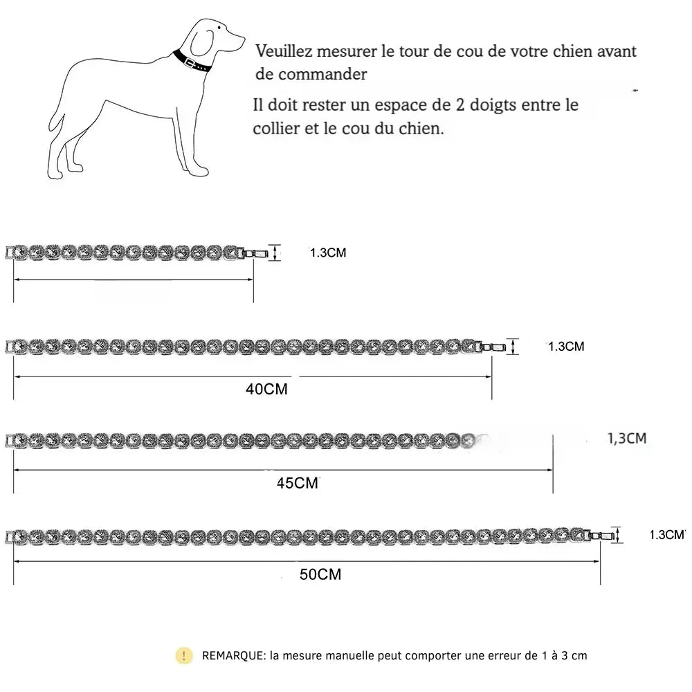Guide des tailles du collier pour chien avec schéma de mesure et longueurs disponibles.