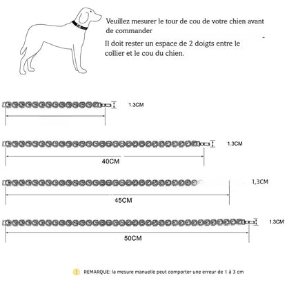 Guide des tailles du collier pour chien avec schéma de mesure et longueurs disponibles.