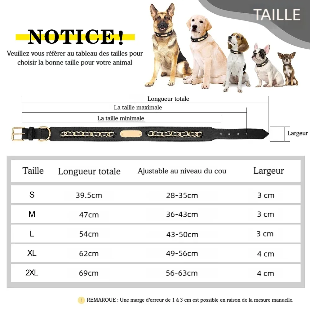 Guide des tailles du collier pour chien en cuir avec chaîne dorée décorative et plaque d’identification.