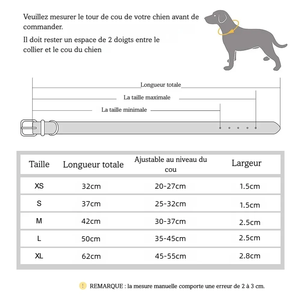 Guide des tailles du collier pour chien avec schéma de mesure du cou et tableau des dimensions du XS au XL.