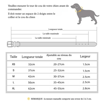 Guide des tailles du collier pour chien avec schéma de mesure du cou et tableau des dimensions du XS au XL.