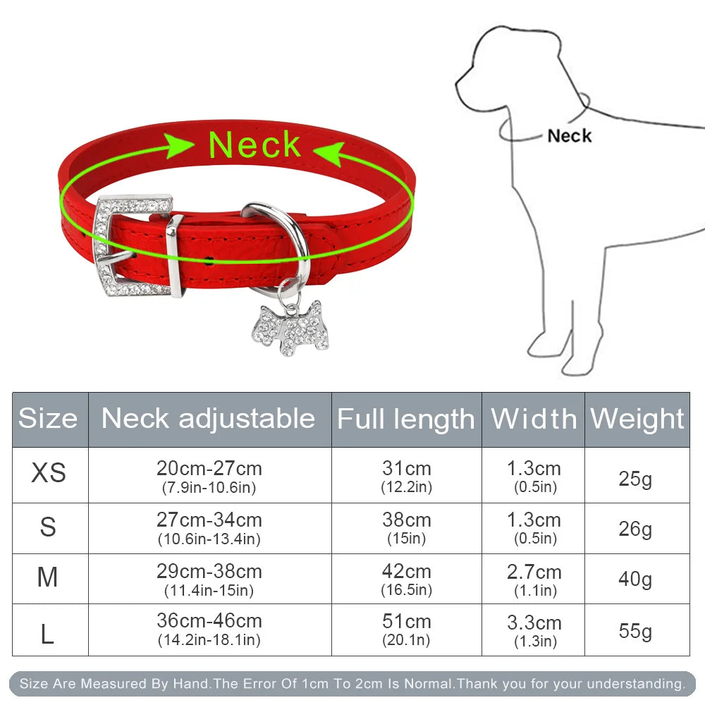 Guide des tailles du collier pour chien en cuir PU avec pendentif chiot en strass.