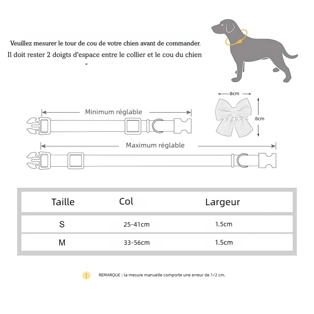 Tableau des tailles du collier personnalisable pour chien avec mesures S et M