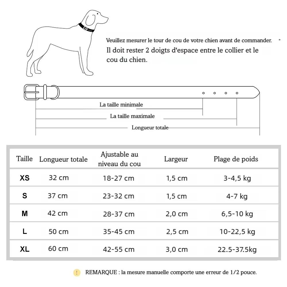 Guide des tailles du collier pour chien personnalisé en cuir pu bicolore.