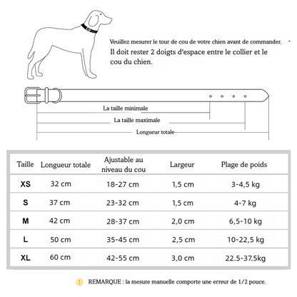 Guide des tailles du collier pour chien personnalisé en cuir pu bicolore.