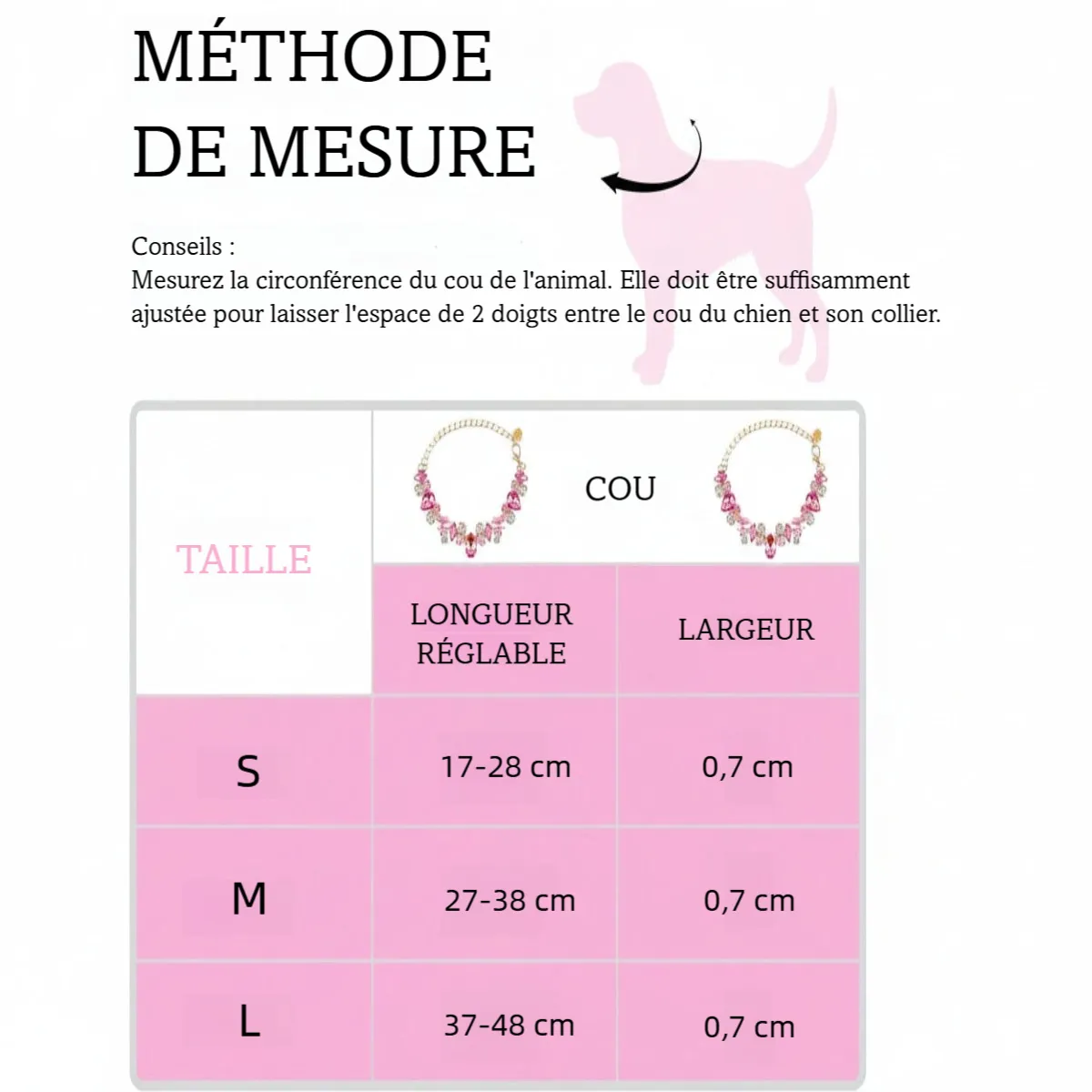 Guide de mesure du collier pour chien avec tableau des tailles et longueurs ajustables.